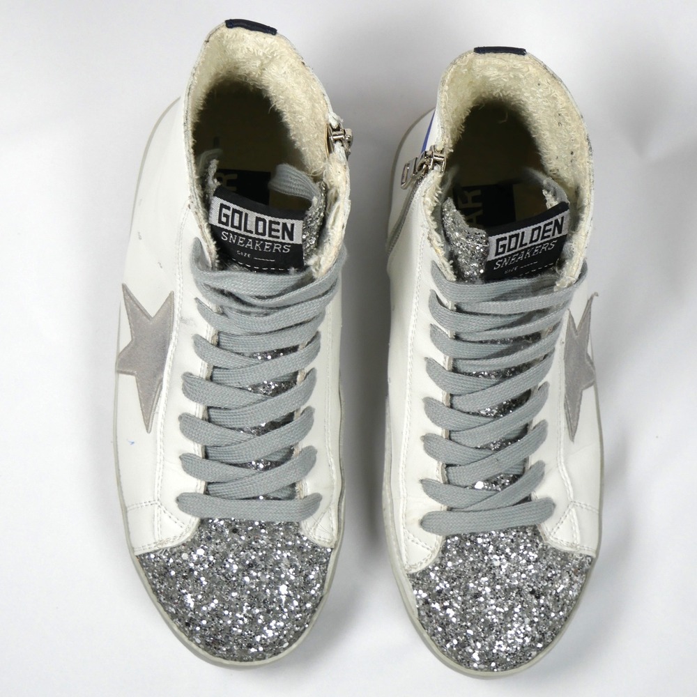 Golden Goose Francy Hightop Sneakers White Leather Silver Glitter Star Zip Women - Picture 4 of 12